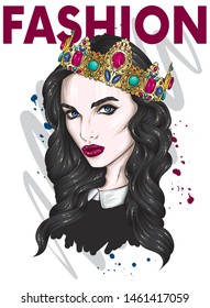 Beautiful girl with long hair in a crown with precious stones. Big eyes and full lips. Vector illustration for greeting card or poster, print on clothes. Fashion and style, accessories.