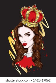 Beautiful girl with long hair in a crown with precious stones. Big eyes and full lips. Vector illustration for greeting card or poster, print on clothes. Fashion and style, accessories.