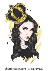 Beautiful girl with long hair in a crown with precious stones. Big eyes and full lips. Vector illustration for greeting card or poster, print on clothes. Fashion and style, accessories.