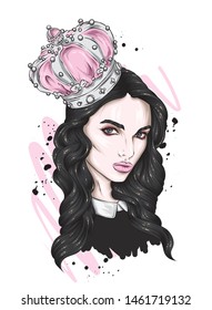 Beautiful girl with long hair in a crown with precious stones. Big eyes and full lips. Vector illustration for greeting card or poster, print on clothes. Fashion and style, accessories.