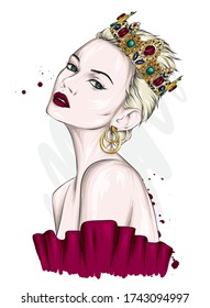 Beautiful girl with long hair in a crown with precious stones. Big eyes and full lips. Vector illustration for greeting card or poster, print on clothes. Fashion and style, accessories.