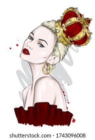 Beautiful girl with long hair in a crown with precious stones. Big eyes and full lips. Vector illustration for greeting card or poster, print on clothes. Fashion and style, accessories.