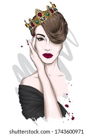 Beautiful girl with long hair in a crown with precious stones. Big eyes and full lips. Vector illustration for greeting card or poster, print on clothes. Fashion and style, accessories.