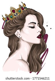 Beautiful girl with long hair in a crown with precious stones. Big eyes and full lips. Vector illustration for greeting card or poster, print on clothes. Fashion and style, accessories.
