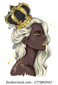 Hermosa chica con el pelo largo en una corona con piedras preciosas. Grandes ojos y labios llenos. Ilustración vectorial para tarjeta de saludo o afiche, impreso en ropa. Mujer negra. Moda y estilo, accesorios.