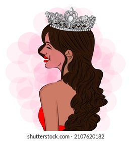 Beautiful girl with long hair and in a crown print for textile postcard or poster, Fashionable style design trends bright image modern illustration Vector illustration