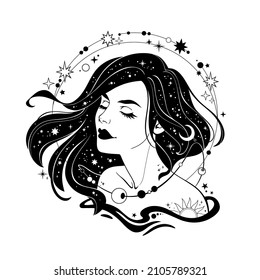 beautiful girl with long hair, decorated with stars and moon