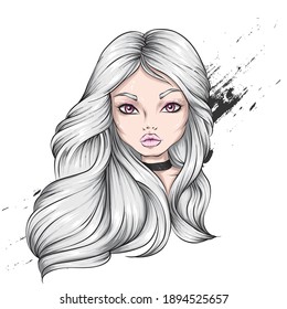 Beautiful girl with long hair. Fashion, style, clothing and accessories. Vector illustration.