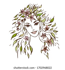 Beautiful girl with long hair with flowers and leaves. Forest Nymph. Woman symbol of spring, summer, greens. Goddess of forest. For tattoo, print, cosmetics, fashion. Colorful hand drawn vector