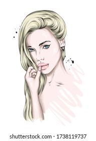 Beautiful girl with long hair. Flowers Big eyes and full lips. Vector illustration for greeting card or poster, print on clothes. Fashion and style, accessories.
