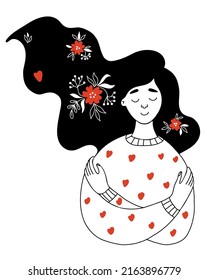 beautiful girl with long hair and flowers hugs herself. Vector illustration in hand drawn doodle style. Concept Love yourself, take care and find time for yourself