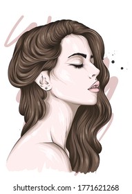 Beautiful girl with long hair. Full lips. Vector illustration for greeting card or poster, print on clothes. Fashion and style, accessories.