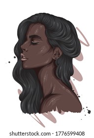 Beautiful girl with long hair. Full lips. Vector illustration for greeting card or poster, print on clothes. Fashion and style, accessories. Black woman.