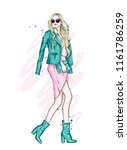 A beautiful girl with long hair in glasses, a jacket, a skirt and boots with heels. Vector illustration for a postcard or a poster, print for clothes. Fashion and Style. Fashionable look.