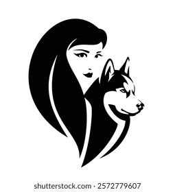 beautiful girl with long hair with her pet purebred siberian husky dog - woman and animal head vector portrait