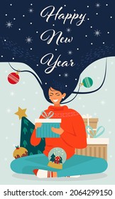 A beautiful girl with long hair holds a gift in her hands. Happy New Year greeting card. Cute illustration in flat style.