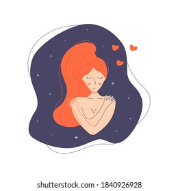 Beautiful girl with long hair hugs herself. Love for yourself and your body. Hearts and stars. Care and self-acceptance. Colorful flat vector isolated cartoon illustration