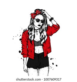 A beautiful girl with long hair in a leather jacket with thorns and in shorts. Vector illustration for a postcard or a poster, print for clothes. Fashion and style, clothing and accessories.
