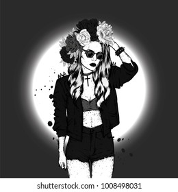 A beautiful girl with long hair in a leather jacket with thorns and in shorts. Vector illustration for a postcard or a poster, print for clothes. Fashion and style, clothing and accessories.