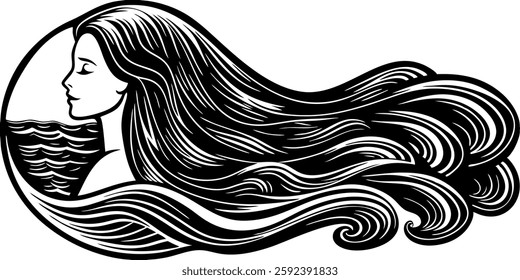 Beautiful girl with long hair merging with the sea, black and white