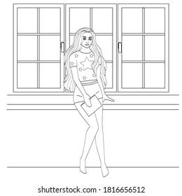 Beautiful girl with long hair near the window. Simple silhouette of a young woman in shorts. Cute coloring book, vector illustration.