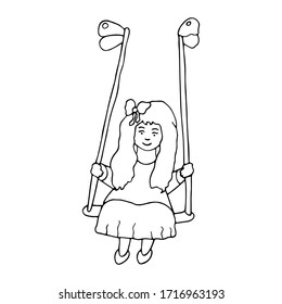 Beautiful girl with long hair in nightie (pajamas) swinging on swing. Magical world of baby sleep. Hand drawn vector illustration. Best design for kids room, postcard, t-shirt, cup. Coloring page.