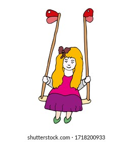 Beautiful girl with long hair in nightie (pajamas) swinging on swing. Hand drawn vector illustration. Magical world of baby sleep. Best design for kids room, postcard, t-shirt, cup. Children's game.