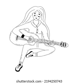 Beautiful girl with long hair plays the acoustic guitar. Favorite hobby or job. Creative person. Black and white vector isolated illustration hand drawn contour