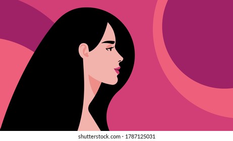 Beautiful girl with long hair. Profile of a female face close-up. Pink background, black hair. Modern vector illustration with copy space.