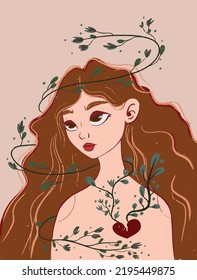 A beautiful girl with long hair and a red broken heart made of leaves. Vector illustration.