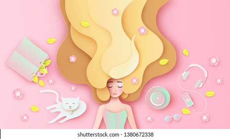 Beautiful girl, long hair relaxing on pink flower floor with her pastel color accessories set in spring. Graphic design for spring. paper cut and craft style. vector, illustration.