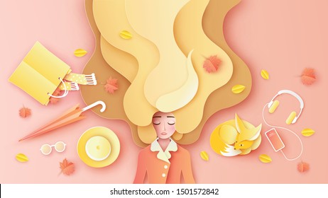 Beautiful girl, long hair relaxing on colorful leaves on floor with her orange color accessories set in Autumn. Graphic design for Autumn. paper cut and craft style. vector, illustration.