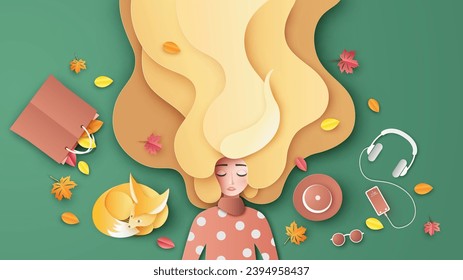 Beautiful girl, long hair relaxing on colorful leaves on floor with her orange color accessories set in Autumn. Graphic design for Autumn. paper cut and craft style. vector, illustration.