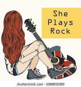 Beautiful girl with long hair sit with a guitar. She plays rock. Fashion illustration