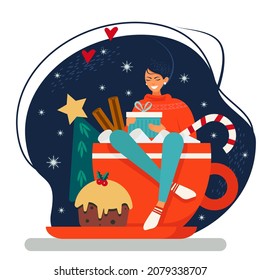 A beautiful girl with long hair sits in a cup with cocoa and marmalade. Christmas concept. Vector illustration.