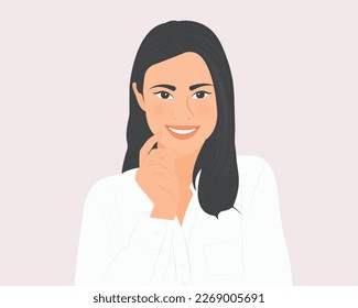 Una chica hermosa, de cabello largo, sonríe alegremente, pensando en cosas hermosas en su vida. Ilustración vectorial.