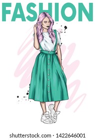 Beautiful girl with long hair in a stylish dress, sneakers and a T-shirt. Fashionable clothes and accessories. Fashion & Style. Vector illustration.