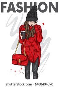 Beautiful girl with long hair in a stylish sweater and hat. Woman with a glass of coffee. Fashion and style, clothes and accessories, autumn, winter. Illustration for postcard or poster, print.