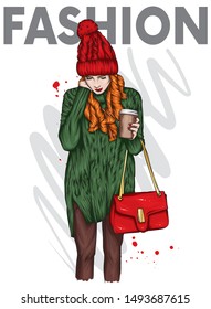 Beautiful girl with long hair in a stylish sweater and hat. Woman with a glass of coffee. Fashion and style, clothes and accessories, autumn, winter. Illustration for postcard or poster, print.