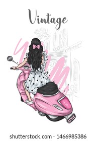 Beautiful girl with long hair in a summer dress sits on a vintage moped. Fashion and style, clothes and accessories. Illustration for a card or poster.