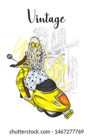 Beautiful girl with long hair in a summer dress sits on a vintage moped. Fashion and style, clothes and accessories. Illustration for a card or poster.