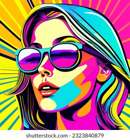 Beautiful girl with long hair and sunglasses. Vector illustration in pop art style.