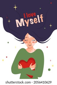 Beautiful girl with long hair and with vitiligo hugs heart. Inscription I love myself. Vector illustration of skin diseases and taking care of your body