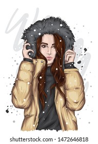 Beautiful girl with long hair in a warm jacket and a hood with fur. Fashion and style, clothes and accessories. Autumn and winter. Vector illustration for a card or poster. Hipster.