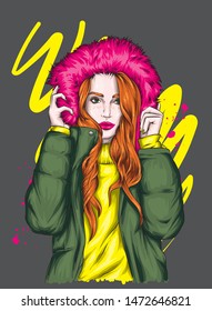 Beautiful girl with long hair in a warm jacket and a hood with fur. Fashion and style, clothes and accessories. Autumn and winter. Vector illustration for a card or poster. Hipster.