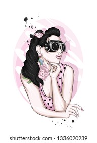 Beautiful girl with long hair, wearing glasses with spikes and a T-shirt. Stylish clothes and accessories. Tattoo. Fashion & Style. Vector illustration for greeting card or poster.