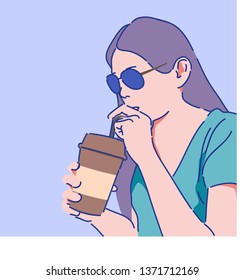 
A beautiful girl with long hair wearing glasses is enjoying the cool coffee from the cup. On her holiday.flat design style vector graphic illustration.