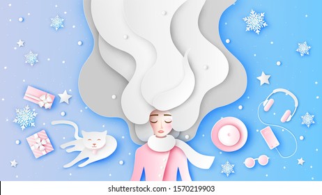 Beautiful girl with long hair wearing winter clothes with accessories in pink set. Graphic design for winter. paper cut and craft style. vector, illustration.