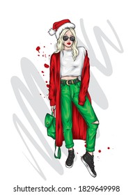 Beautiful girl with long hair wearing glasses, cardigan, pants and sneakers. New Year's and Christmas.