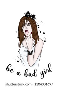 A beautiful girl with long hair, in a white tank top and with a bow with spikes. Vector illustration. Rock. Fashionable look, clothes and accessories.
